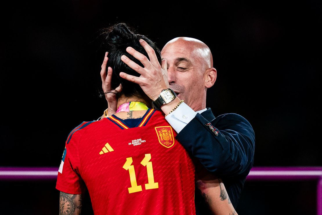 Luis Rubiales kisses Jennifer Hermoso during the medal ceremony of the FIFA Women's World Cup on August 20 in Sydney, Australia. 