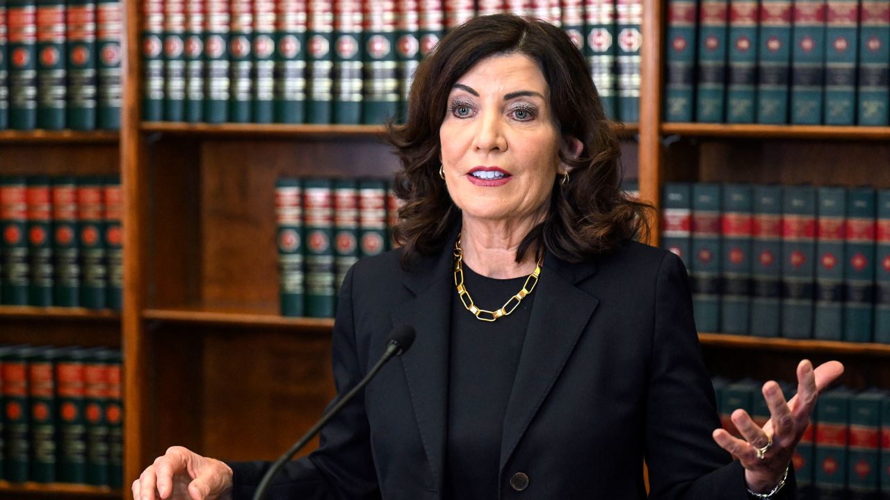 New York Gov. Kathy Hochul speaks to reporters about end of session legislative bills and a swearing-in ceremony, June 7, 2023, in Albany, New York.