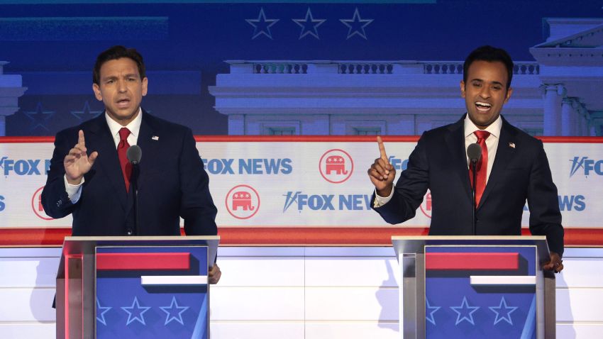 Republican presidential candidates Florida Gov. Ron DeSantis and Vivek Ramaswamy participate in the first debate of the GOP primary season hosted by FOX News at the Fiserv Forum on August 23, 2023 in Milwaukee, Wisconsin.