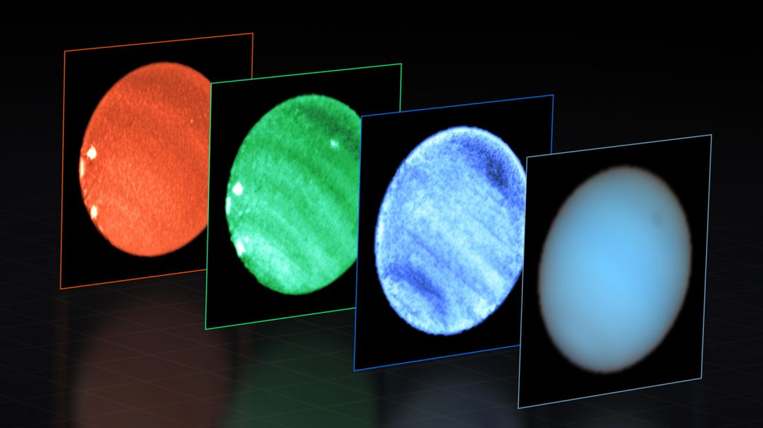 This image shows Neptune observed with the MUSE instrument at ESO's Very Large Telescope (VLT). At each pixel within Neptune, MUSE splits the incoming light into its constituent colours or wavelengths. This is similar to obtaining images at thousands of different wavelengths all at once, which provides a wealth of valuable information to astronomers. The image to the right combines all colours captured by MUSE into a "natural" view of Neptune, where a dark spot can be seen to the upper-right. Then we see images at specific wavelengths: 551 nanometres (blue), 831 nm (green), and 848 nm (red); note that the colours are only indicative, for display purposes. The dark spot is most prominent at shorter (bluer) wavelengths. Right next to this dark spot MUSE also captured a small bright one, seen here only in the middle image at 831 nm and located deep in the atmosphere. This type of deep bright cloud had never been identified before on the planet. The images also show several other shallower bright spots towards the bottom-left edge of Neptune, seen at long wavelengths. Imaging Neptune's dark spot from the ground was only possible thanks to the VLT's Adaptive Optics Facility, which corrects the blur caused by atmospheric turbulence and allows MUSE to obtain crystal clear images. To better highlight the subtle dark and bright features on the planet, the astronomers carefully processed the MUSE data, obtaining what you see here.