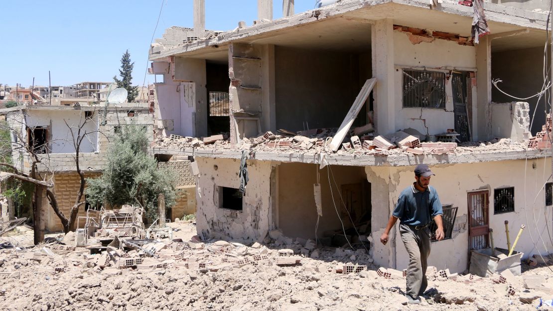Rubble is seen after reported strikes by the Assad regime in Daraa, Syria on June 7, 2017.