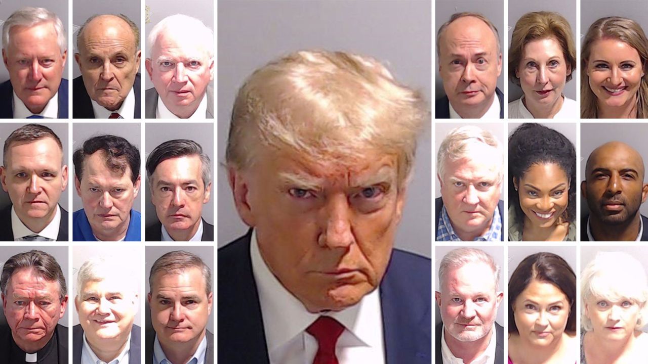 Mug shots for former President Donald Trump and his alleged co-conspirators, including Rudy Giuliani, taken at the Fulton County jail in Georgia.
