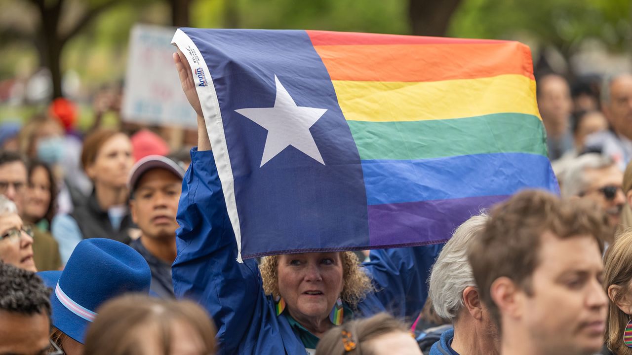 Supporters of trans rights rally on the steps of the Texas Capitol ahead of an advocacy day of meetings with state representatives on March 20. 