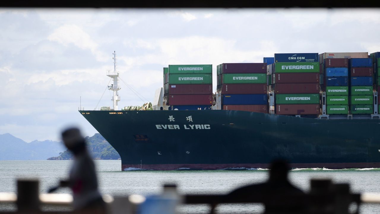 A cargo ship sails toward the Pacific Ocean after passing though the Panama Canal, seen from Panama City, Friday, Aug. 25, 2023. Due to a lack of rainfall, authorities in early August limited the number of ships passing through. (AP Photo/Agustin Herrera)