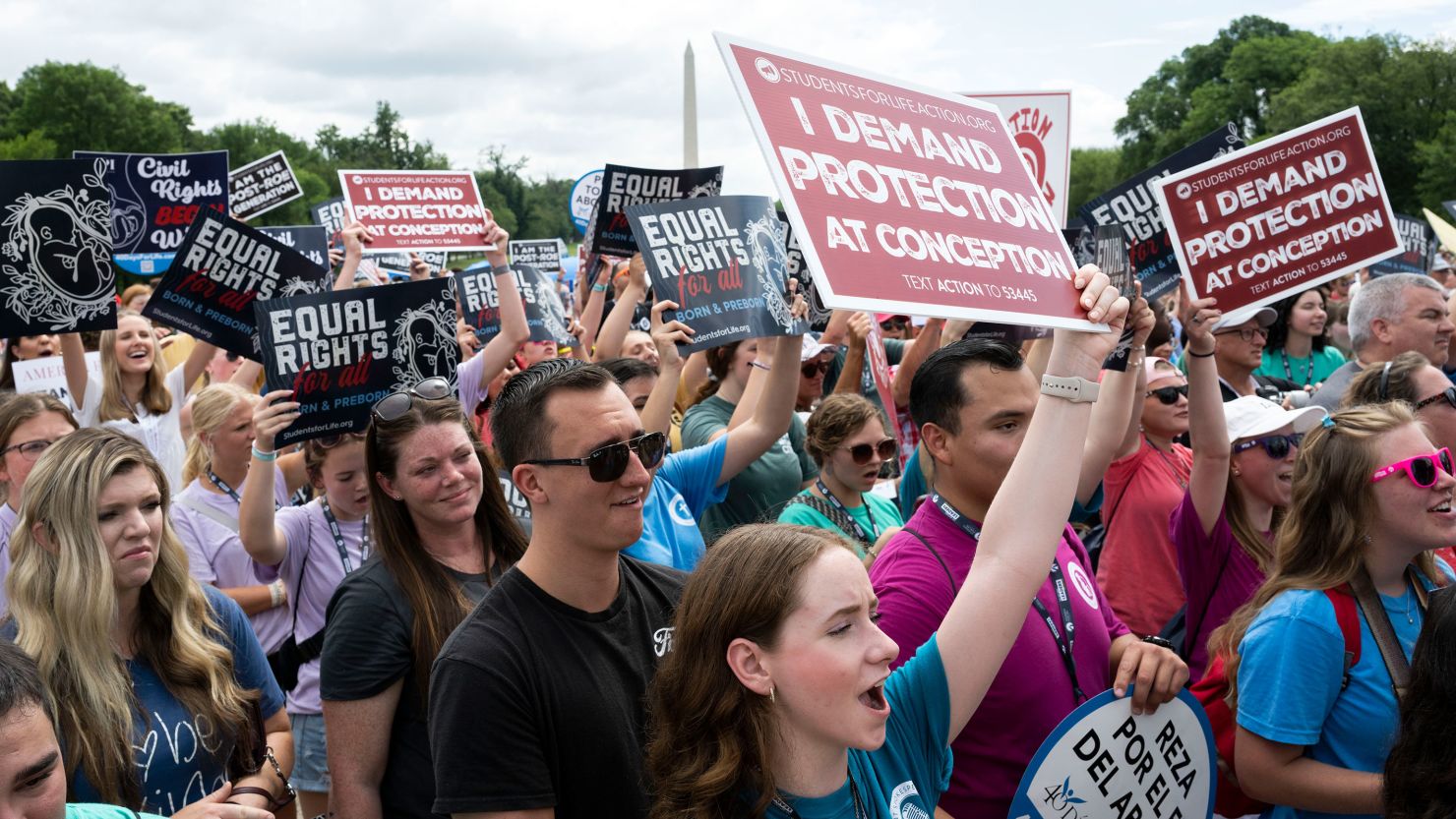 Anti-abortion activists cheer before former Vice President Mike Pence speaks at the National Celebrate Life Rally on June 24, 2023, in Washington, DC. 