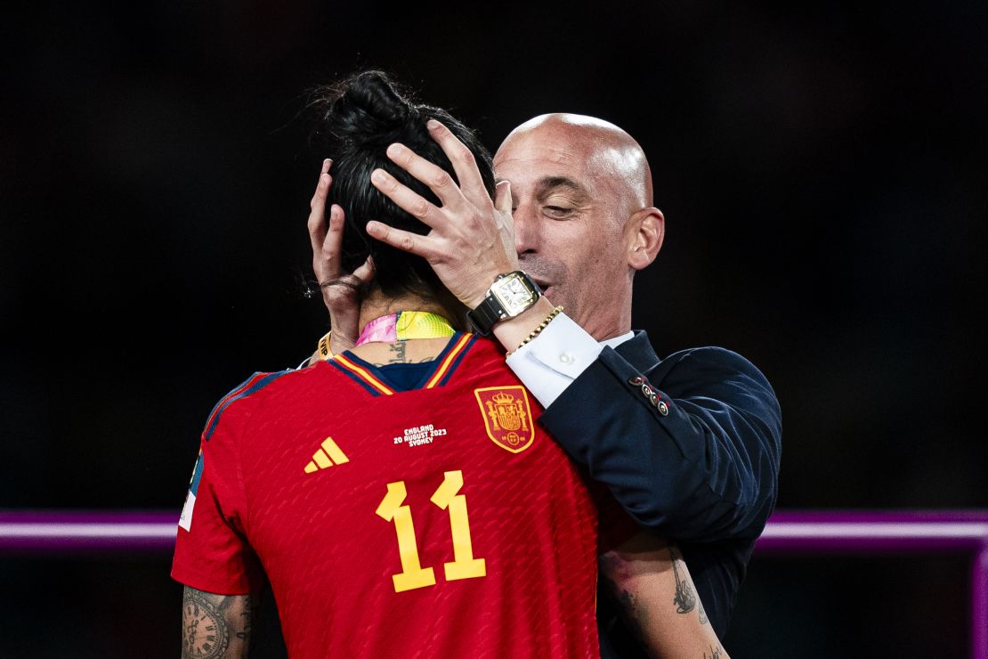 Luis Rubiales (right) is seen kissing Jennifer Hermoso of Spain (left) during the medal ceremony on August 20th.