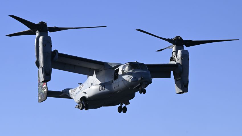 A MV-22B Osprey is seen coming in to land on the USS America off the coast of Brisbane, Tuesday, June 20, 2023. The Australian Defense Department said a Bell Boeing V-22 Osprey tiltrotor aircraft crashed on Melville Island, Sunday, Aug. 27, 2023 during Exercise Predators Run, which involves the militaries of the United States, Australia, Indonesia, the Philippines and East Timor. (Darren England/AAP Image via AP)