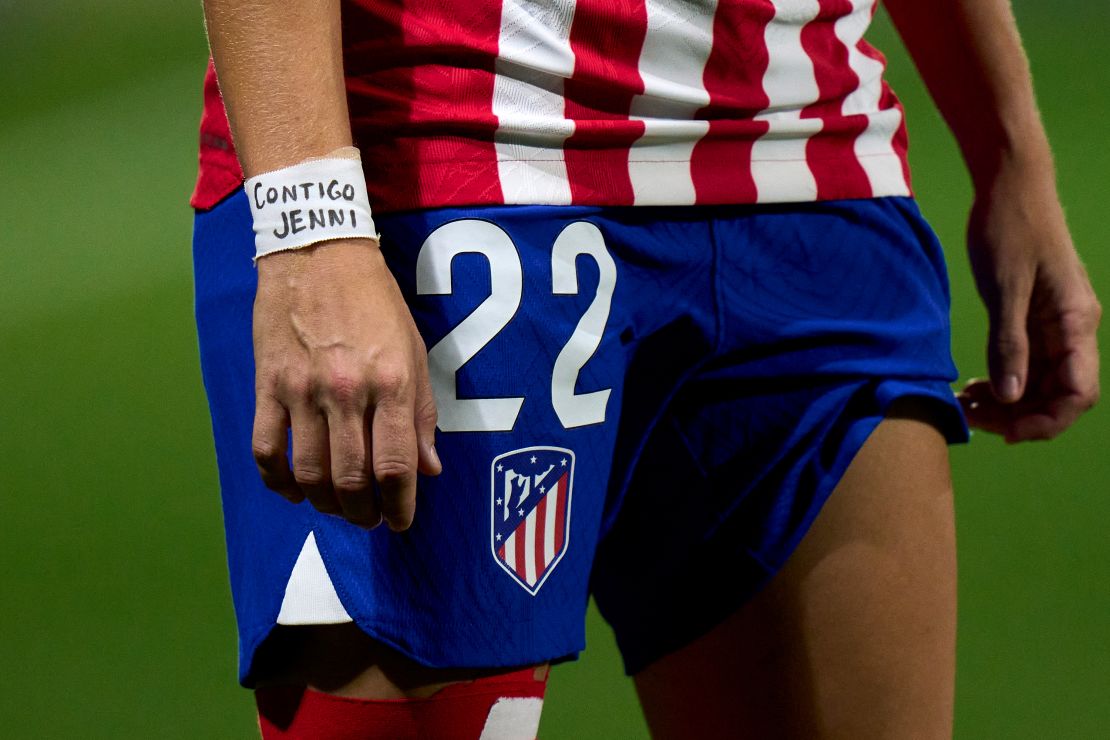 Players of Atletico de Madrid wearing a wrist band in support of Hermoso.