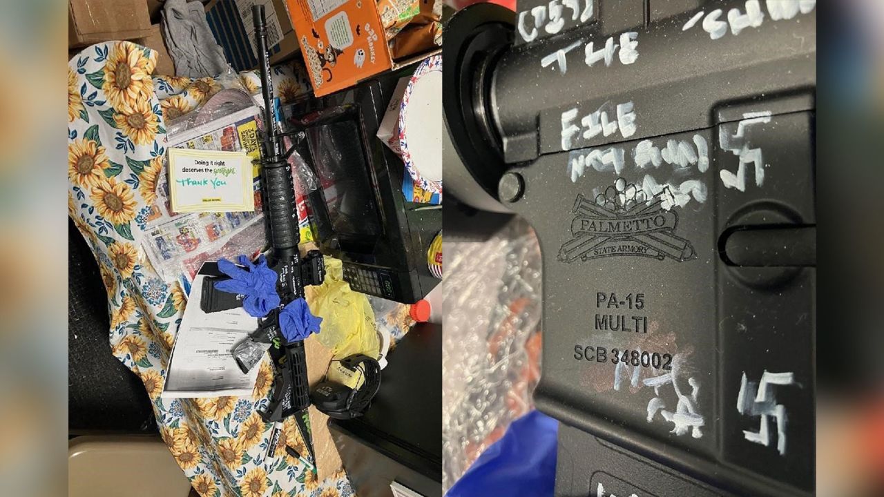 The Jacksonville Sheriff's Office released a photo of a firearm used in the shooting, left, and a close-up, right, which shows several swastikas drawn on it.