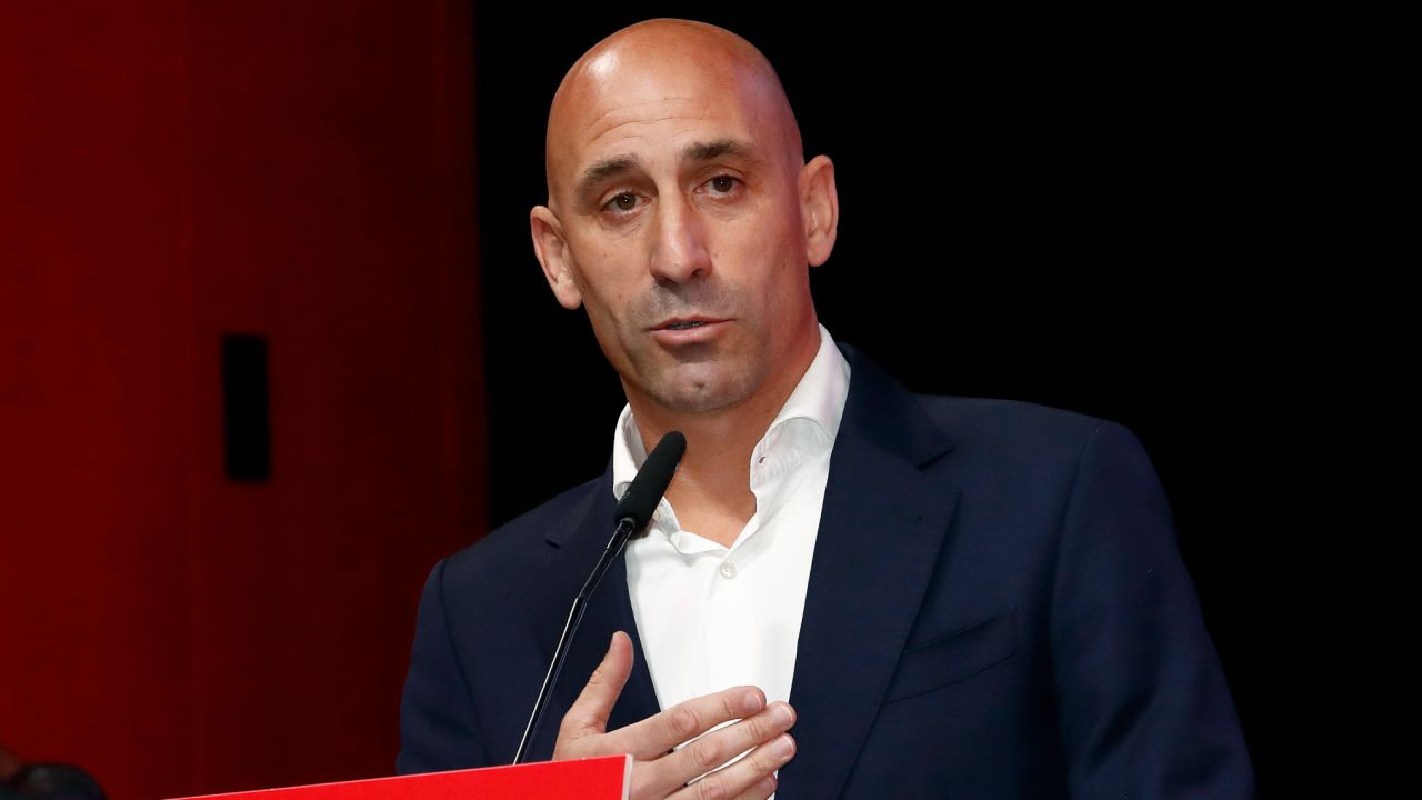 The president of the Spanish soccer federation Luis Rubiales speaks during an emergency general assembly meeting in Las Rozas, Friday Aug. 25, 2023. Rubiales has refused to resign despite an uproar for kissing a player, Jennifer Hermoso on the lips without her consent after the Women's World Cup final. Rubiales had also grabbed his crotch in a lewd victory gesture from the section of dignitaries with Spain's Queen Letizia and the 16-year old Princess Sofía nearby.