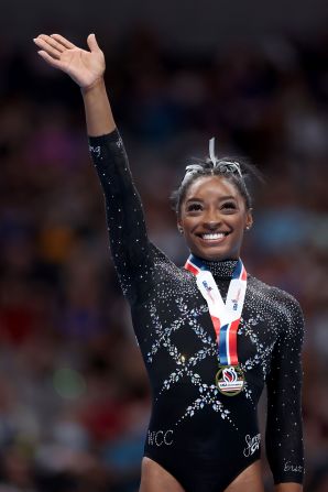Biles celebrates after winning a record <a href="index.php?page=&url=https%3A%2F%2Fwww.cnn.com%2F2023%2F08%2F27%2Fsport%2Fsimone-biles-us-gymnastics-championships-spt-intl%2Findex.html" target="_blank">eighth national all-around title</a> at the US Gymnastics Championships in August 2023. The 26-year-old also became the oldest woman to ever win the championships.