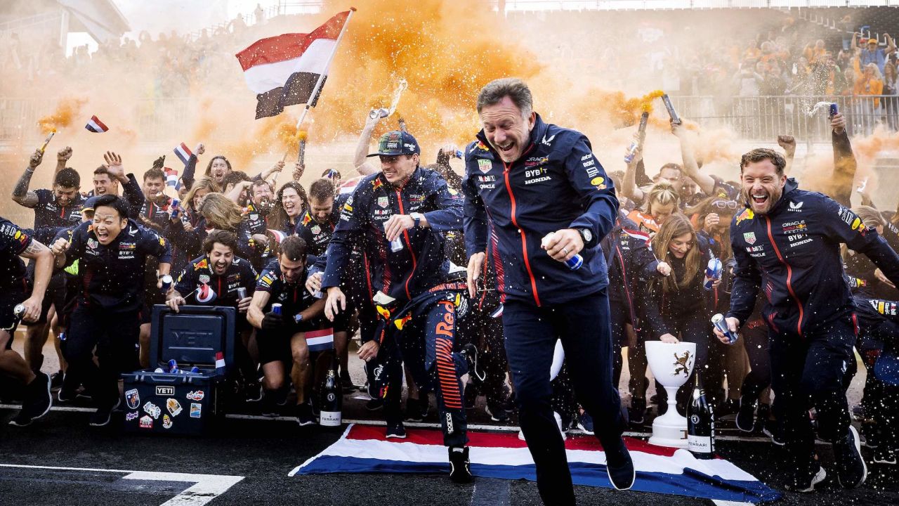Max Verstappen celebrates his Dutch GP win with Red Bull boss Christian Horner
