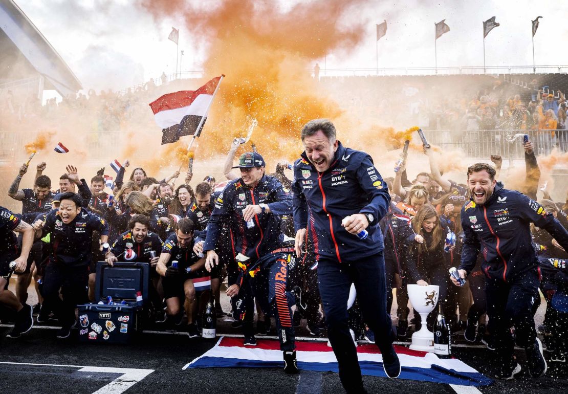 Max Verstappen celebrates his Dutch GP win with Red Bull boss Christian Horner