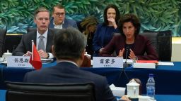 US Commerce Secretary Gina Raimondo (R) speaks next to US Ambassador to China Nick Burns (L) during a meeting with China's Minister of Commerce Wang Wentao at the Ministry of Commerce in Beijing on August 28, 2023. 