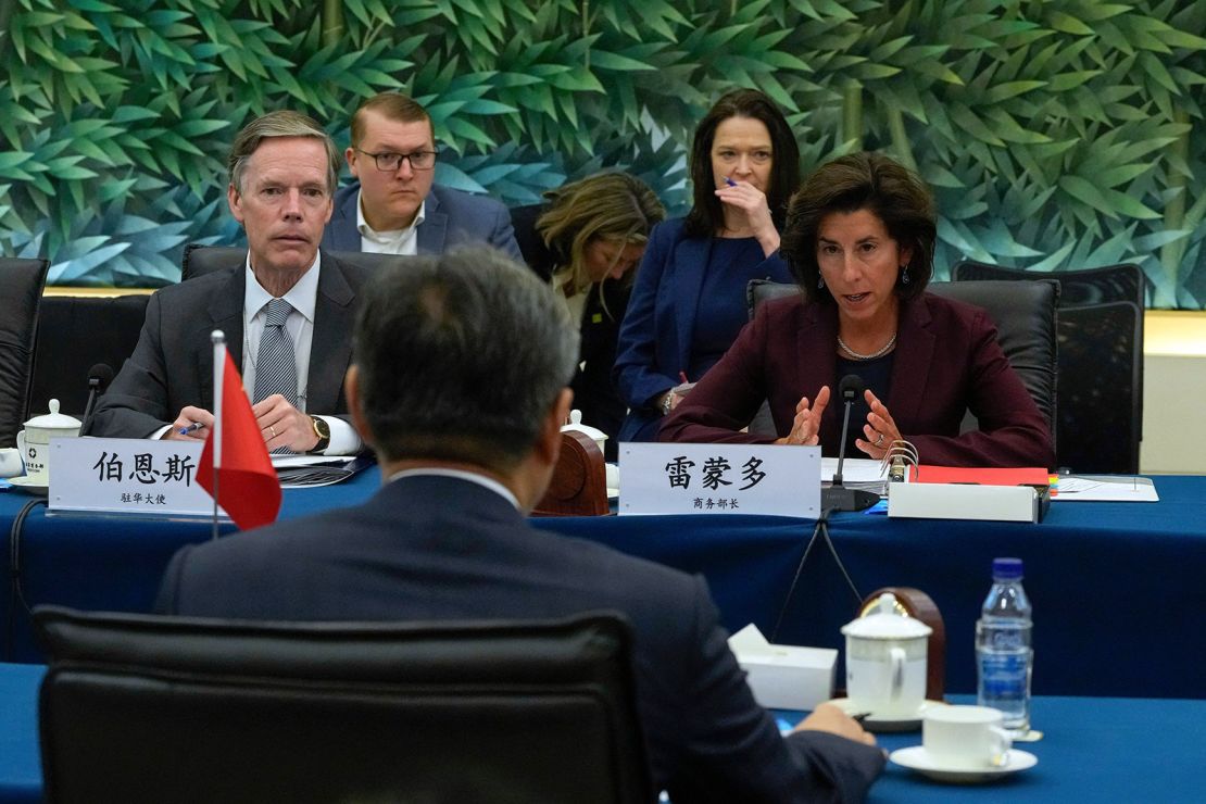 US Commerce Secretary Gina Raimondo meets with China's Minister of Commerce Wang Wentao in Beijing on Monday, along with US Ambassador to China Nick Burns.