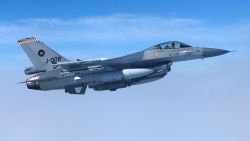 Netherlands' Air Force F-16 fighter jet flies during a media day illustrating how NATO Air Policing safeguards the Allies' airspace in the northern and northeastern region of the Alliance, July 4, 2023. REUTERS/Piroschka van de Wouw