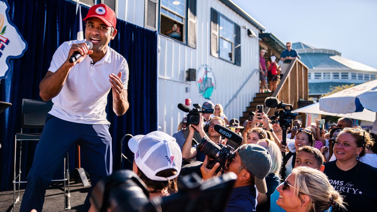 Vivek Ramaswamy raps along to Eminem's "Lose yourself" following his Fair Side Chat with Governor Kim Reynolds at the Iowa State Fair Grounds on Saturday, August 12, 2023. 