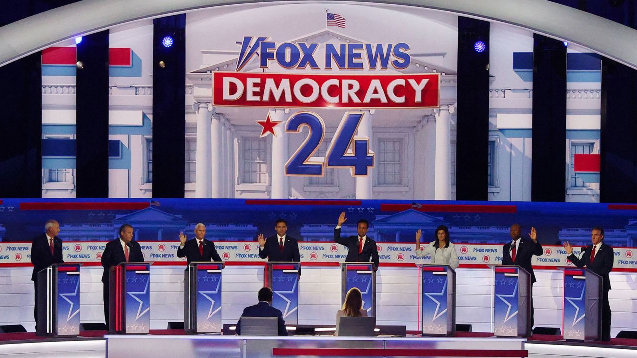 Six of the eight Republican presidential contenders on the debate stage indicate that they would support Donald Trump as their party's 2024 White House nominee even if he is convicted of a crime at the first Republican candidates' debate of the 2024 presidential campaign in Milwaukee, Wisconsin, on August 23.