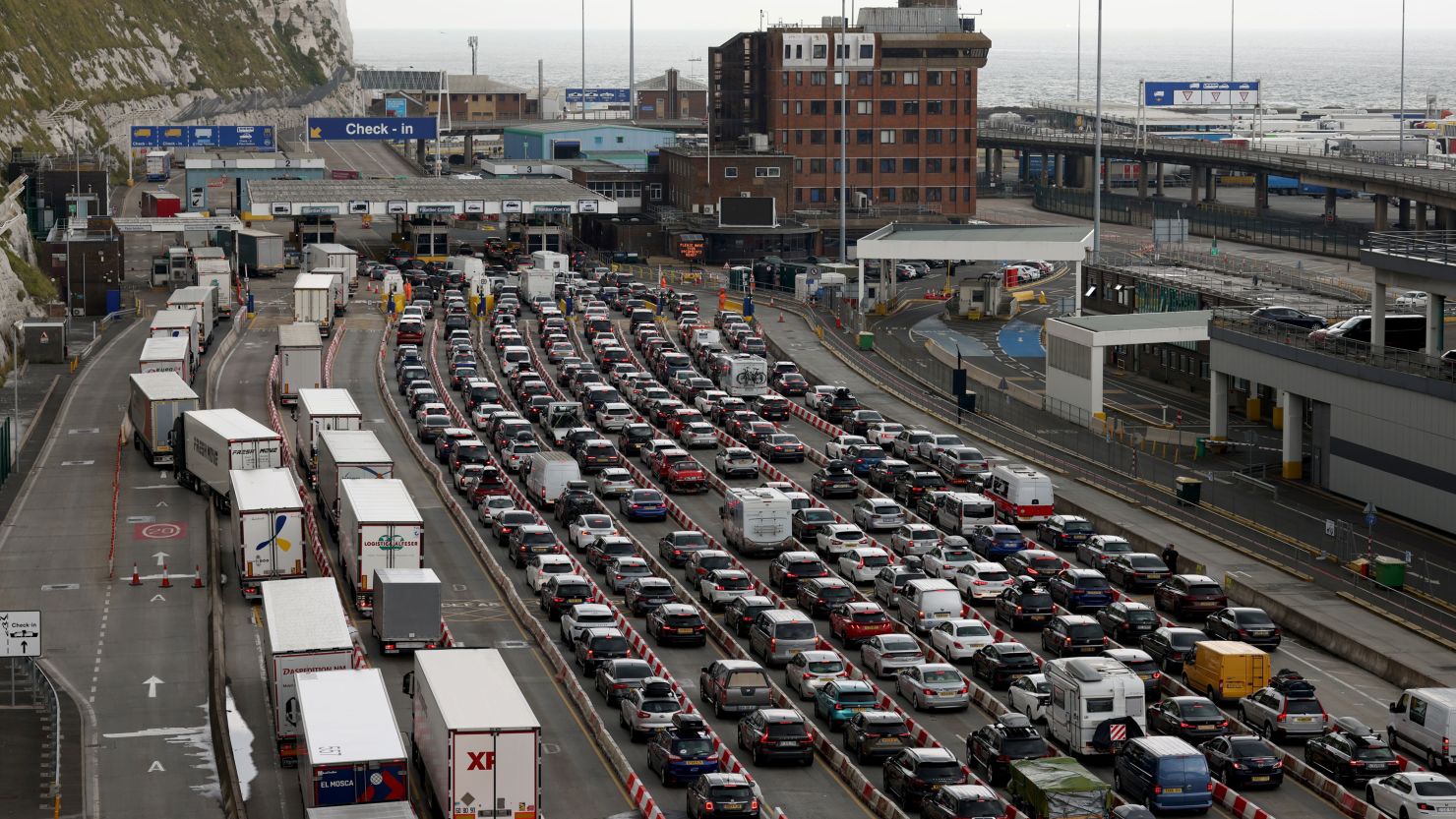 Queues of vehicles at the Port of Dover in England seen in July