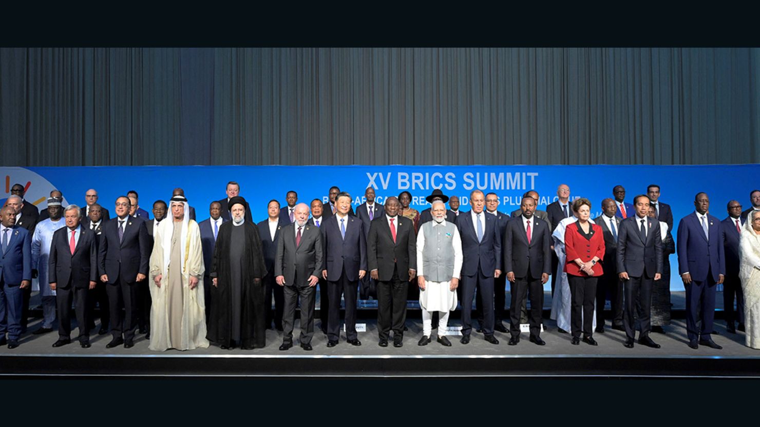 Chinese leader Xi Jinping poses for a group photo with other leaders attending the BRICS summit in Johannesburg, South Africa, on August 24. 