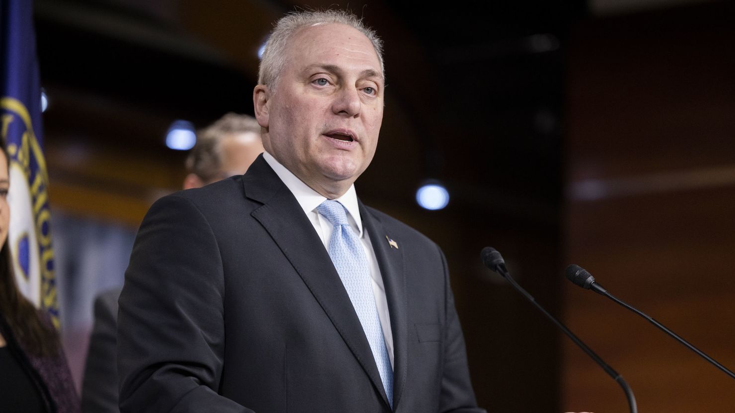 House Majority Leader Steve Scalise speaks at a press conference following a caucus meeting in Washington, DC on January 10, 2023.
