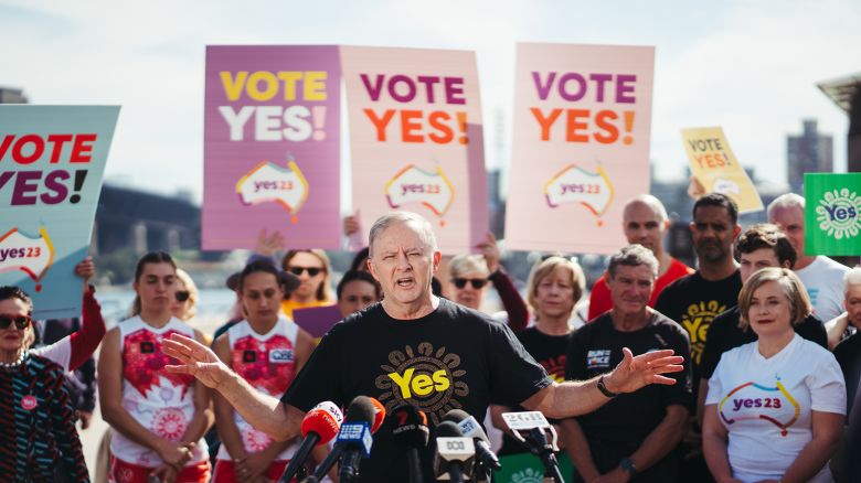 Prime Minister Anthony Albanese joined with supporters and Pat Farmer for his remarkable Run for the Voice campaign as he arrives at Sydney Opera House, August 22, 2023. 