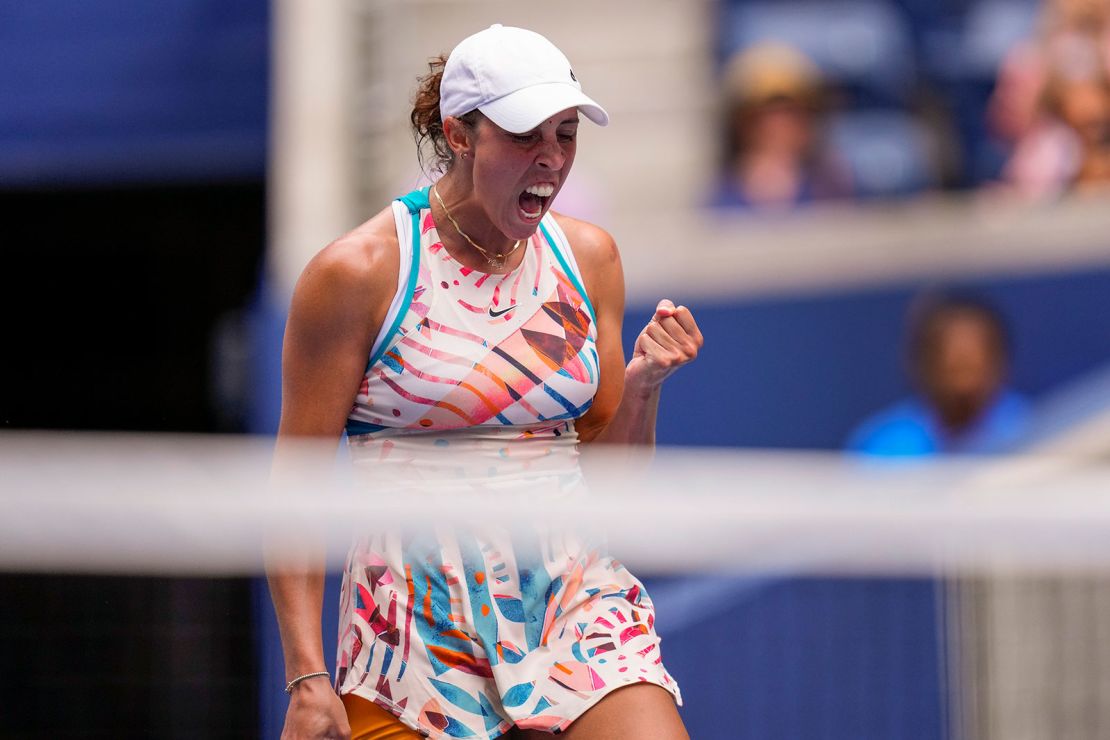 Madison Keys, of the United States, reacts after defeating Arantxa Rus, of the Netherlands, during the first round of the U.S. Open tennis championships, Tuesday, Aug. 29, 2023, in New York. (AP Photo/Manu Fernandez)