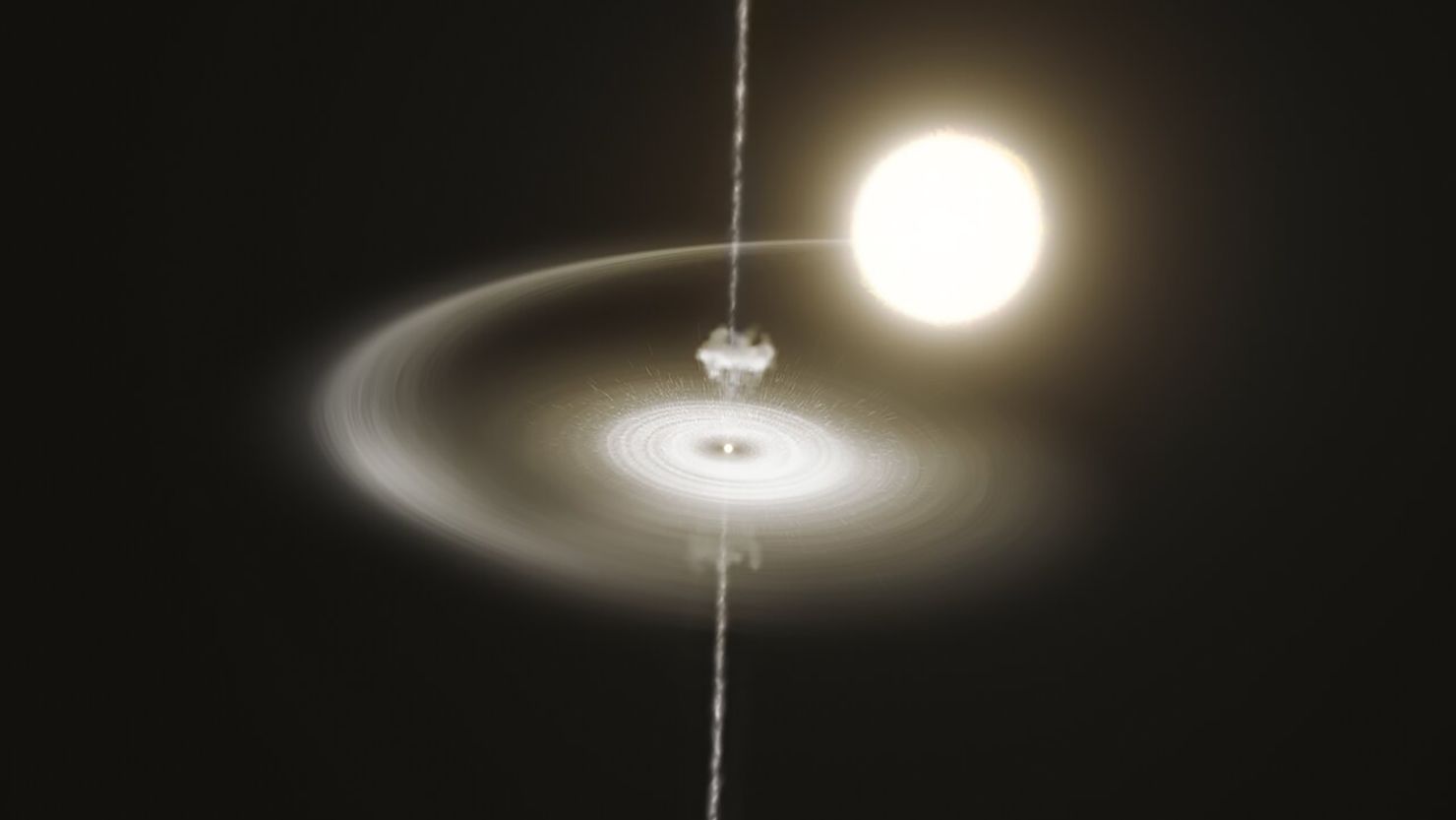 This artist's impression shows the pulsar PSR J1023+0038 stealing gas from its companion star. This gas accumulates in a disc around the pulsar, slowly falls towards it, and is eventually expelled in a narrow jet. In addition, there is a wind of particles blowing away from the pulsar, represented here by a cloud of very small dots. This wind clashes with the infalling gas, heating it up and making the system glow brightly in X-rays and ultraviolet and visible light. Eventually, blobs of this hot gas are expelled along the jet, and the pulsar returns to the initial, fainter state, repeating the cycle. This pulsar has been observed to switch incessantly between these two states every few seconds or minutes.