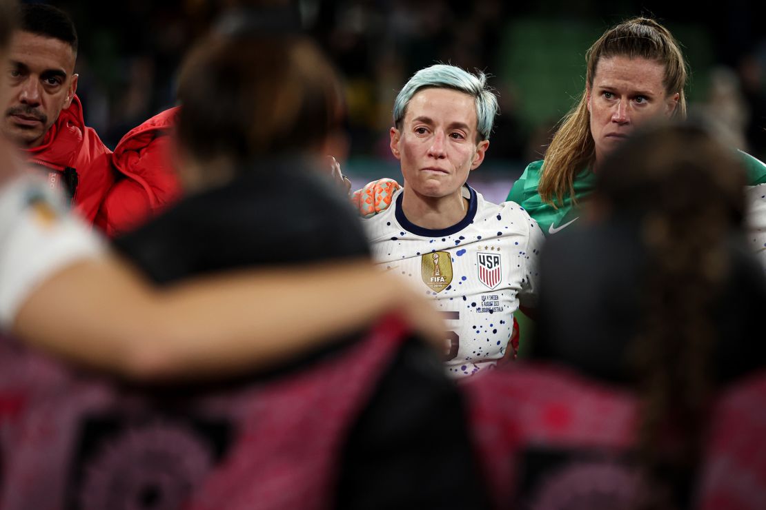 MELBOURNE, AUSTRALIA - AUGUST 06: Megan Rapinoe of The United States shows her emotions after being knocked out during the FIFA Women's World Cup Australia & New Zealand 2023 Round of 16 match between Winner Group G and Runner Up Group E at Melbourne Rectangular Stadium on August 06, 2023 in Melbourne, Australia. (Photo by Alex Pantling - FIFA/FIFA via Getty Images)