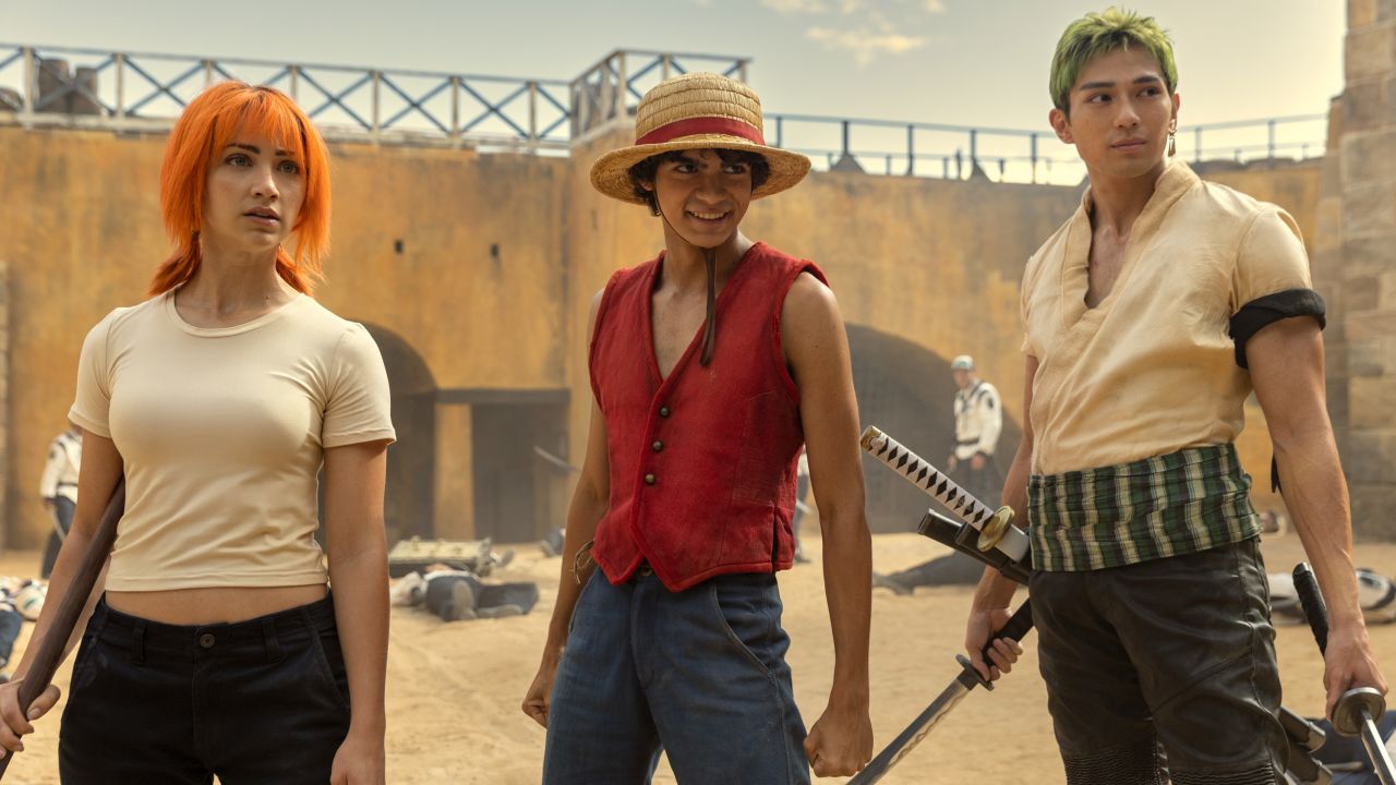 Emily Rudd as Nami, Iñaki Godoy as Monkey D. Luffy and Mackenyu as Roronoa Zoro in the Netflix series "One Piece."