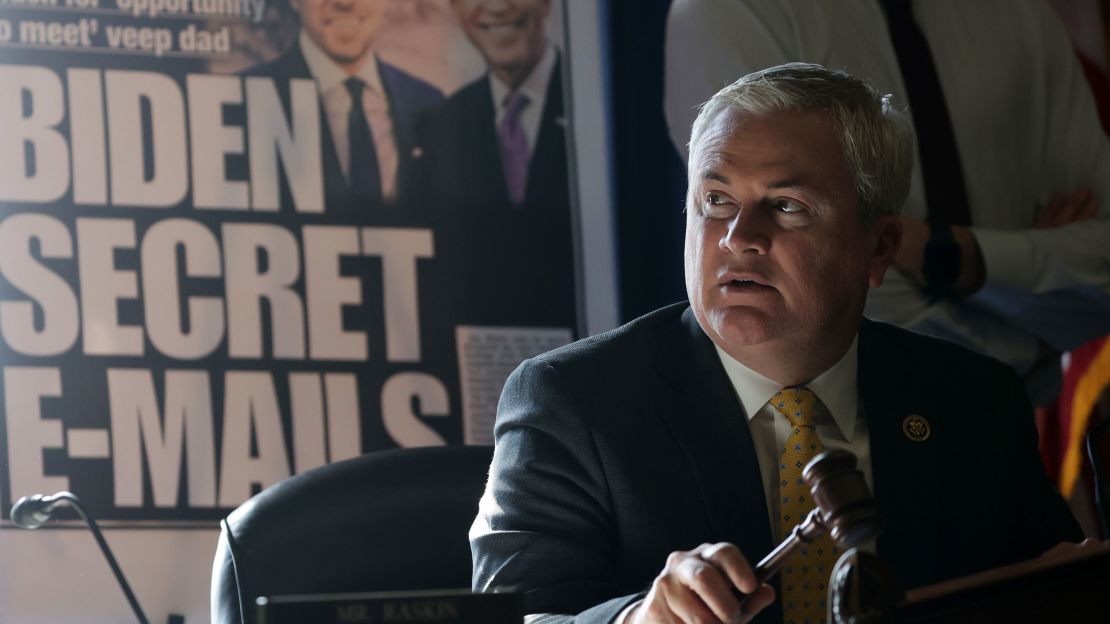 With a poster of a New York Post front page story about Hunter Biden's emails on display, Committee Chairman Rep. James Comer announces a recess because of a power outage during a hearing before the House Oversight and Accountability Committee at Rayburn House Office Building on Capitol Hill on February 8, 2023 in Washington, DC.