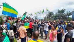 People celebrate in support of the putschists in the street of Libreville, Gabon August 30, 2023 REUTERS/Gerauds Wilfried Obangome  NO RESALES. NO ARCHIVES.