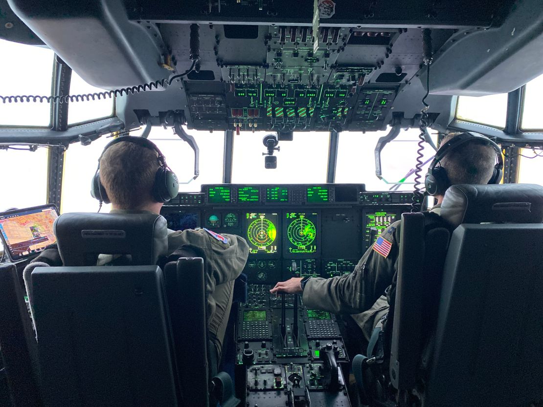 Crew members on board  WC-130J Super Hercules aircraft during Hurricane Idalia.