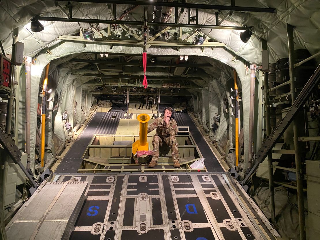 Inside a WC-130J Super Hercules aircraft on a mission over Hurricane Idalia.  