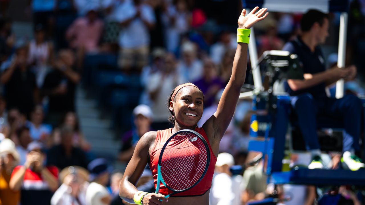 NEW YORK, NEW YORK - AUGUST 30: Coco Gauff of the United States celebrates defeating Mirra Andreeva in the second round on Day 3 of the US Open at USTA Billie Jean King National Tennis Center on August 30, 2023 in New York City (Photo by Robert Prange/Getty Images)
