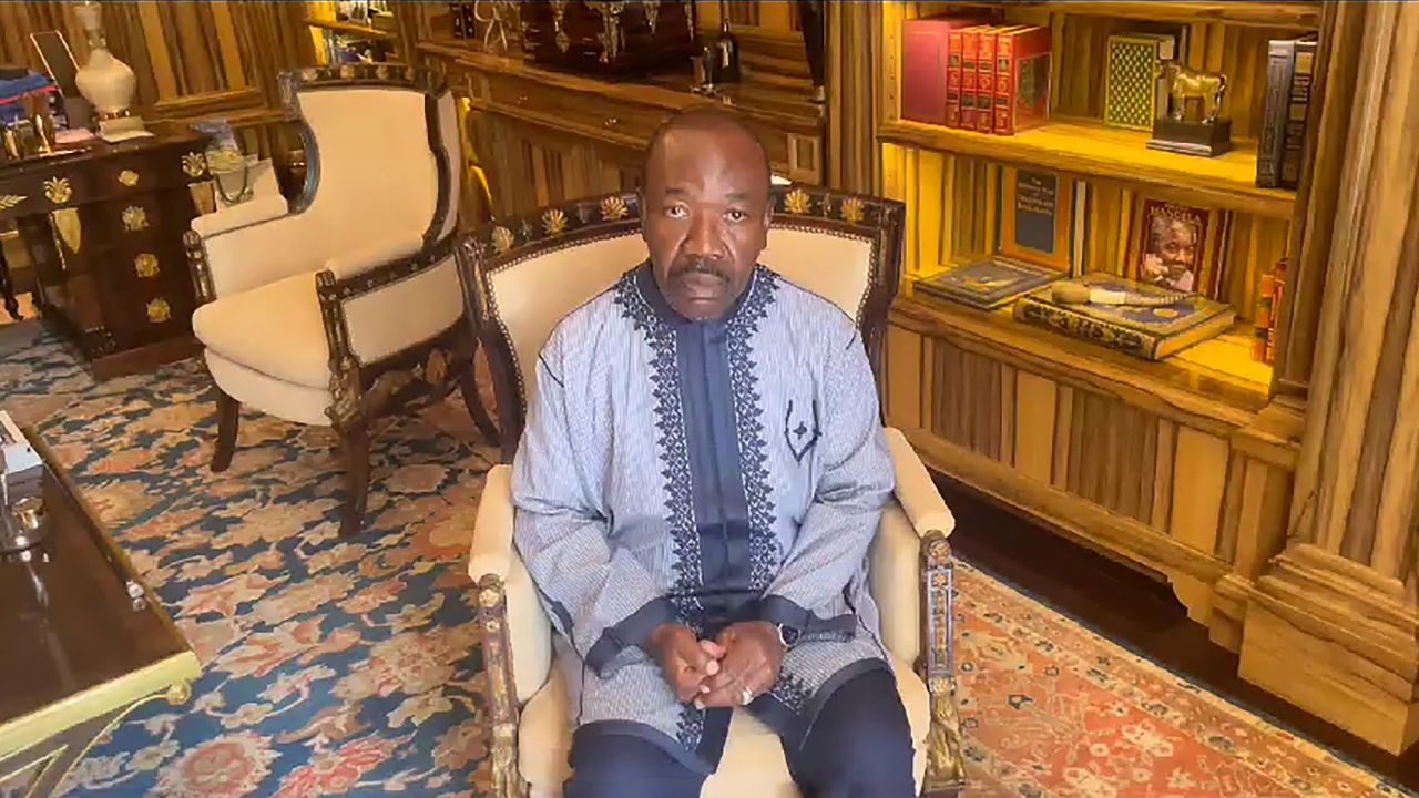 This video grab shows Gabon President Ali Bongo Ondimba sitting in his residence in Libreville, Gabon, Wednesday Aug. 30, 2023. 