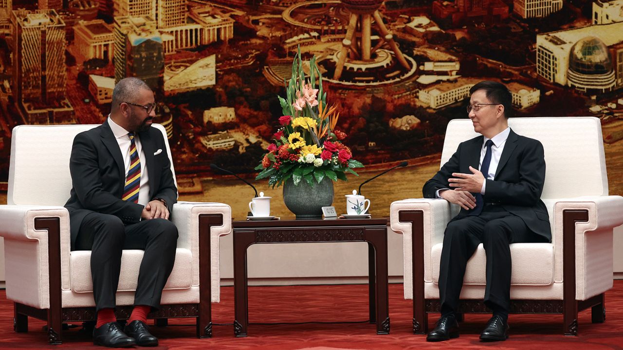 British Foreign Secretary James Cleverly, left, and Chinese Vice President Han Zheng attend a meeting at the Great Hall of the People in Beijing, China Wednesday, August 30, 2023. 