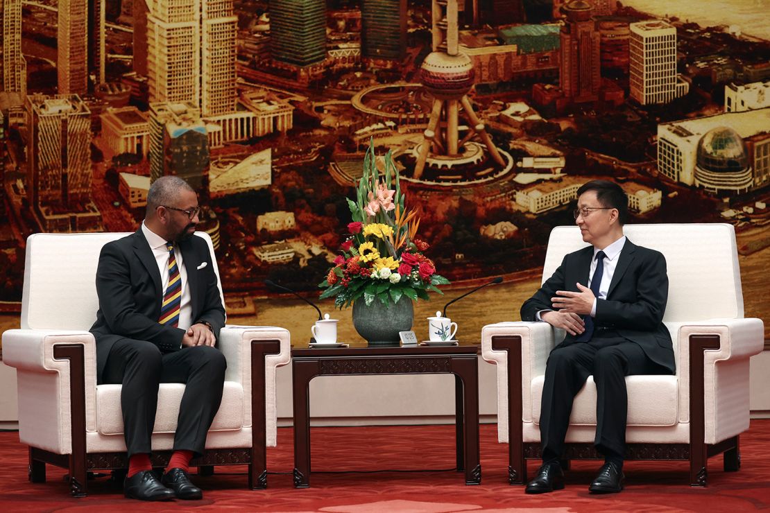 British Foreign Secretary James Cleverly, left, and Chinese Vice President Han Zheng attend a meeting at the Great Hall of the People in Beijing, China Wednesday, August 30, 2023. 