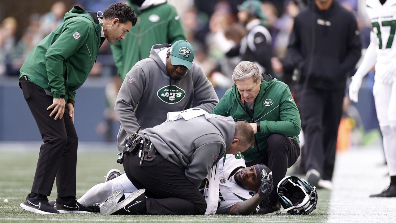 SEATTLE, WASHINGTON - JANUARY 01: Lamarcus Joyner #29 of the New York Jets on the field with an injury during the first half in the game against the Seattle Seahawks at Lumen Field on January 01, 2023 in Seattle, Washington. (Photo by Steph Chambers/Getty Images)