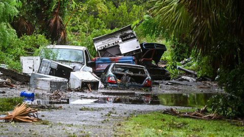 A backyard of a house is seen flooded in Steinhatchee, Florida, on August 30, 2023, after Hurricane Idalia made landfall.