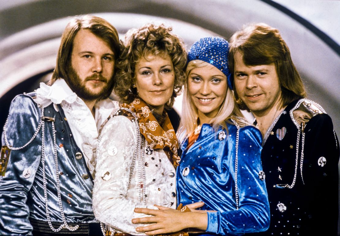 Benny Andersson (left), Anni-Frid Lyngstad (center-left), Agnetha Fältskog (center-right) and Bjorn Ulvaeus (right) in 1974.