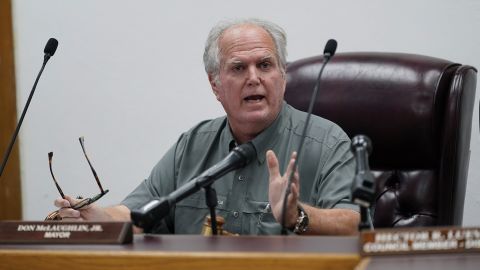 FILE - Uvalde Mayor Don McLaughlin, Jr., speaks during a special emergency city council meeting, June 7, 2022, in Uvalde, Texas. McLaughlin, on Friday, July 8, 2022, disputed a new report alleging missed chances to end the massacre at Robb Elementary School, and possibly stop it from ever happening, again reflecting the lack of definitive answers about the lagging police response to one of the deadliest classroom shootings in U.S. history. (AP Photo/Eric Gay, file)