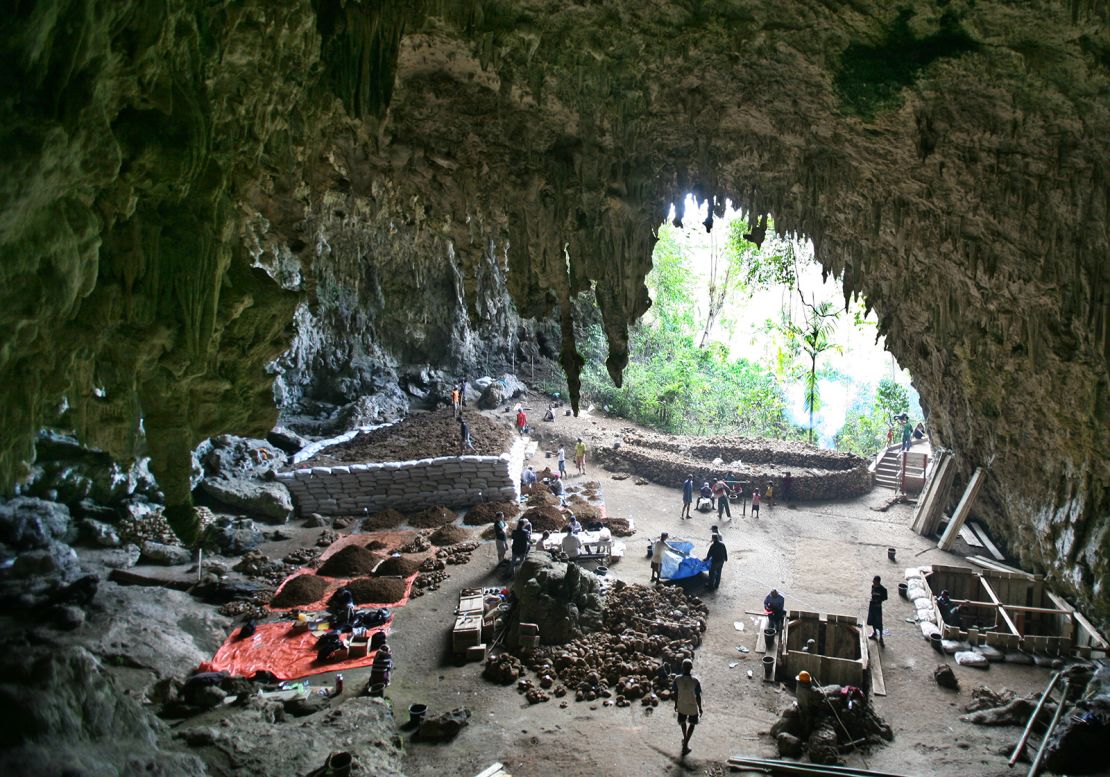 In this photo taken Monday, Sept. 12, 2009, workers labor at Liang Bua cave excavation site where the fossils of Homo floresiensis were discovered in Ruteng, Flores island of Indonesia. An 18,000-year-old dwarf female skeleton was recovered in the cave in 2003 threatening to overturn conventional view of human evolution which says that our species, Homo sapiens, systematically crowded out other upright-walking human cousins beginning 160,000 years ago. (AP Photo/Achmad Ibrahim)