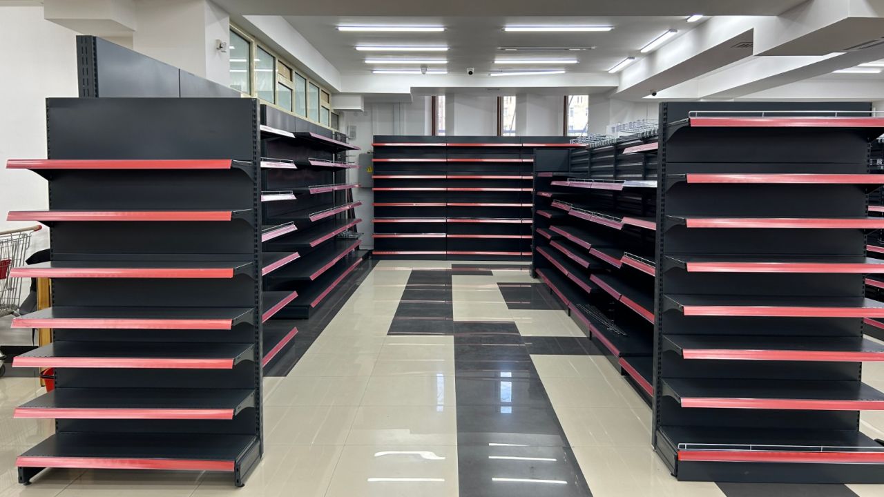 Empty shelves are seen inside the Supermarket Titan in Stepanakert. (Photo provided by the office of the Ombudsman of the Artsakh Republic.)
