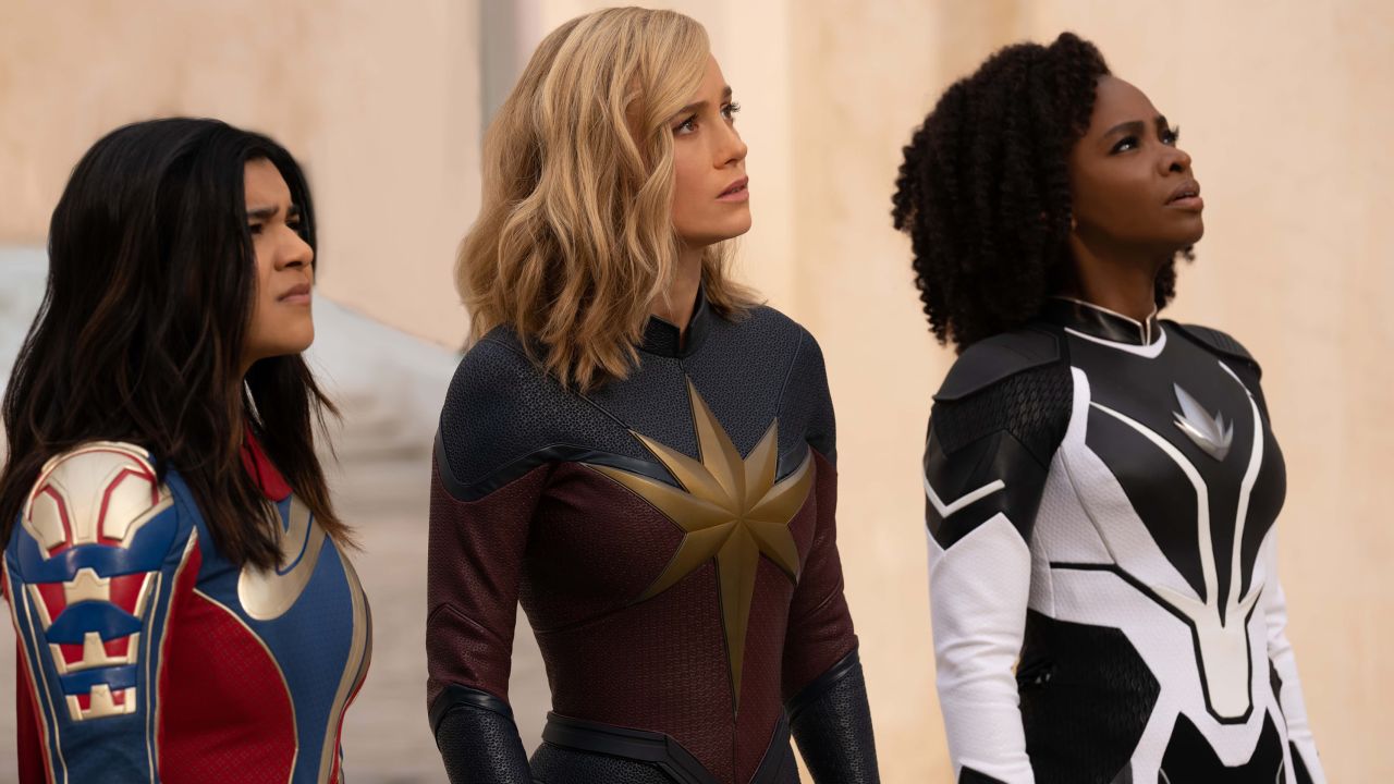 (from left) Iman Vellani, Brie Larson and Teyonah Parris in "The Marvels."