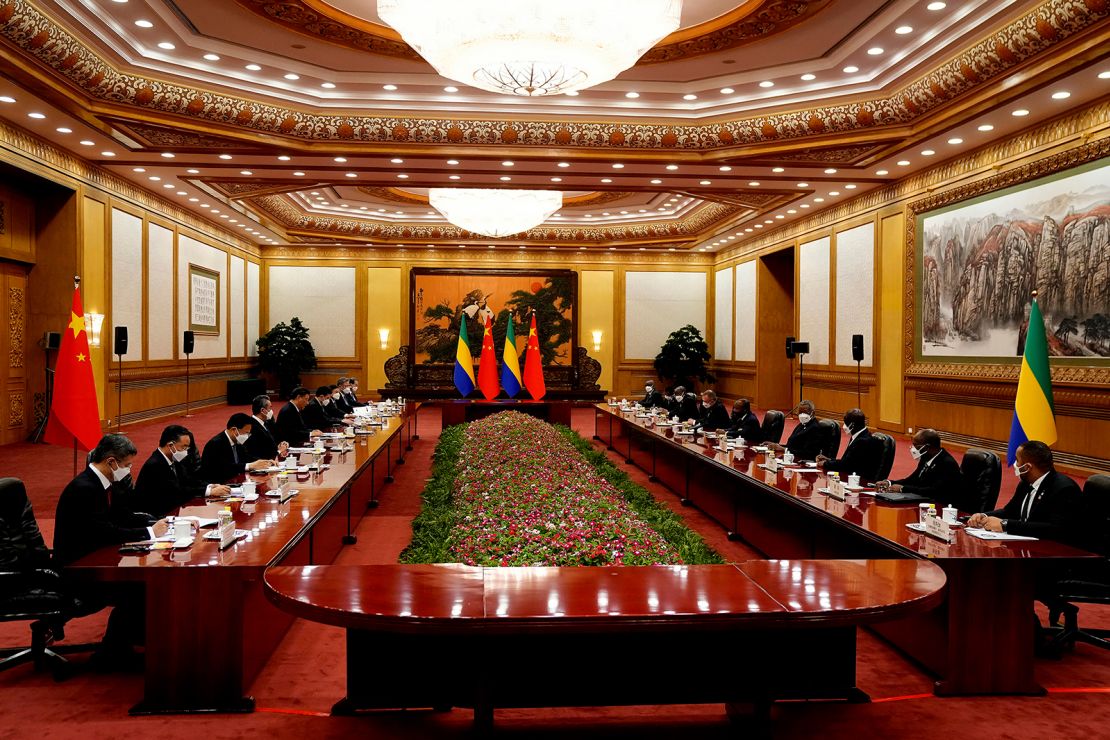 A general view shows Chinese President Xi Jinping and now outsted Gabonese President Ali Bongo Ondimba hold a meeting at the Great Hall of the People on April 19, 2023, in Beijing, China. 