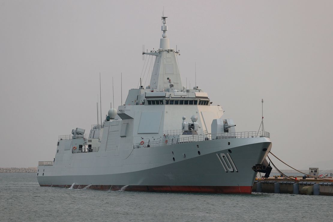 The Type 055 guided-missile destroyer Nanchang is seen at Qingdao Port ahead of an activity to celebrate the 74th anniversary of the founding of the Chinese People's Liberation Army Navy (PLAN) on April 20, 2023, in Qingdao, Shandong province of China. 