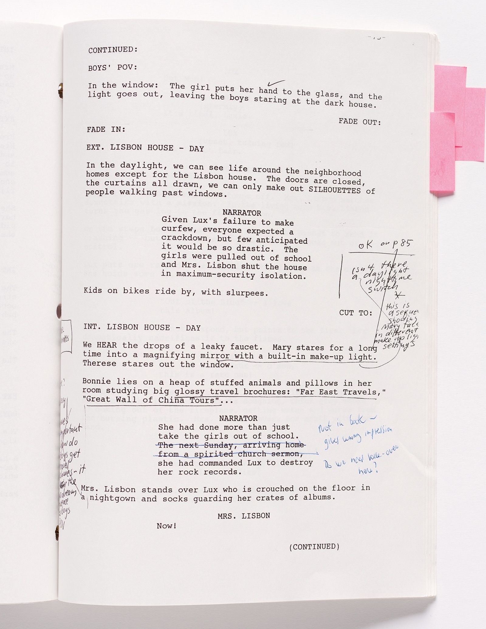 A copy of a marked-up script from "The Virgin Suicides."