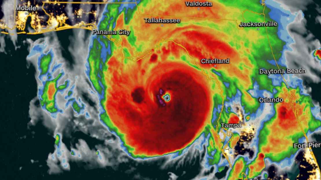 An infrared satellite image of Hurricane Idalia around 3:20 a.m. ET, with a clearly defined eye.