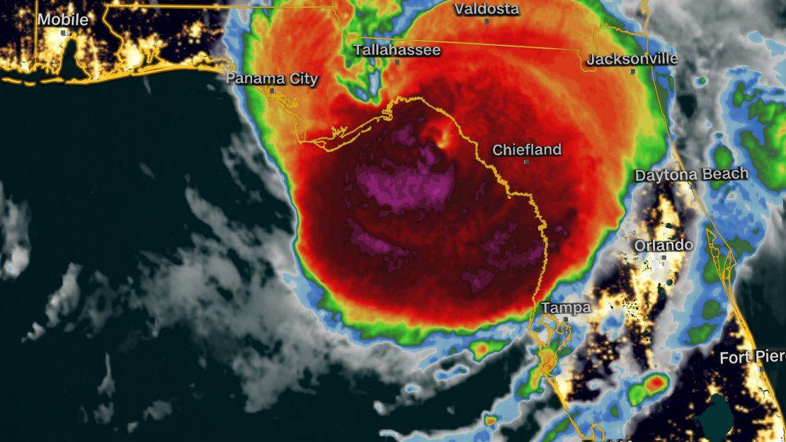 Hurricane Idalia just before landfall Wednesday morning, with its eye clouded over amid an eyewall replacement cycle.